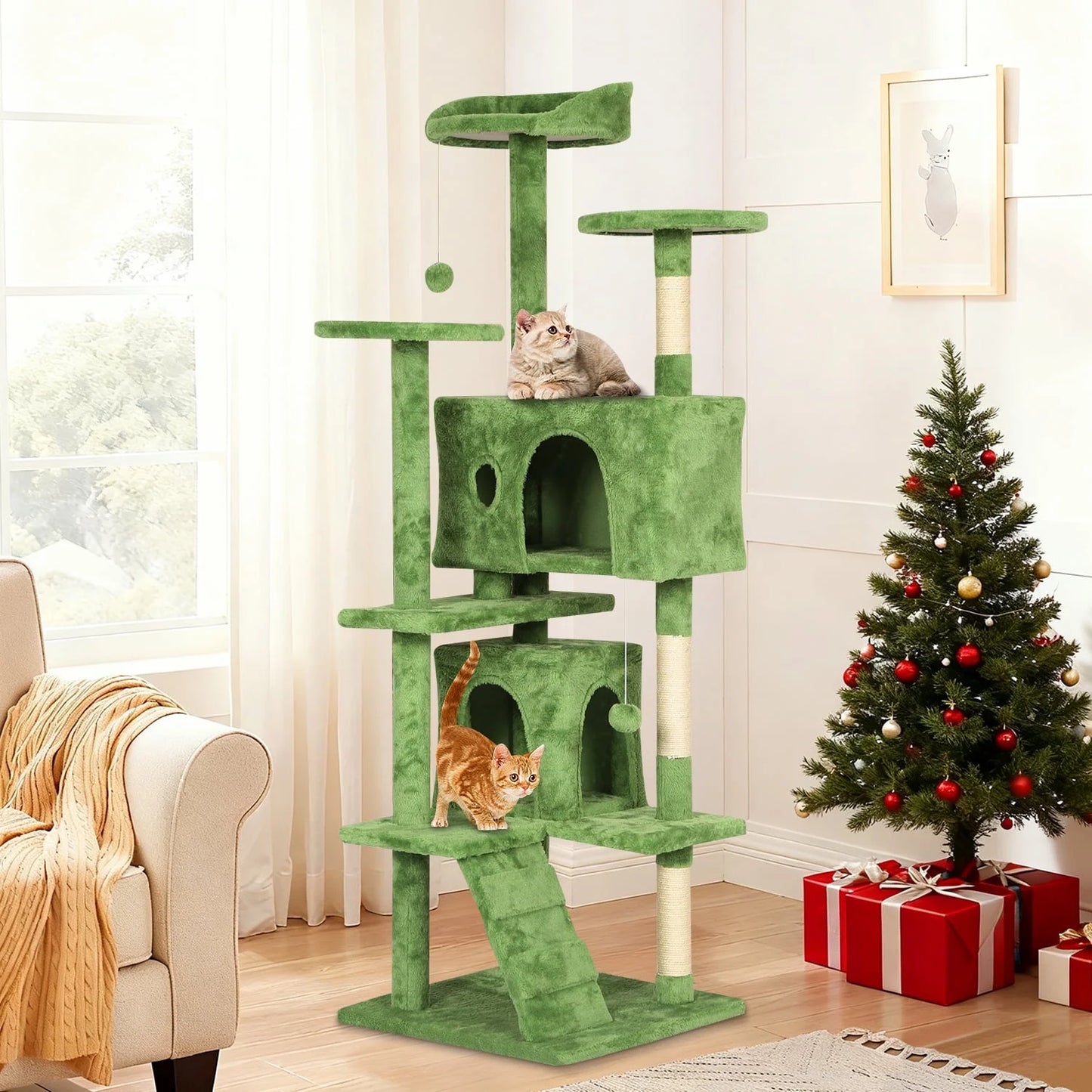 54-In Double Condo Cat Tree Tower Playhouse with Scratching Post & Perch for Indoor, Light Gray