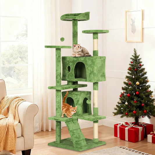 54-In Double Condo Cat Tree Tower Playhouse with Scratching Post & Perch for Indoor, Light Gray